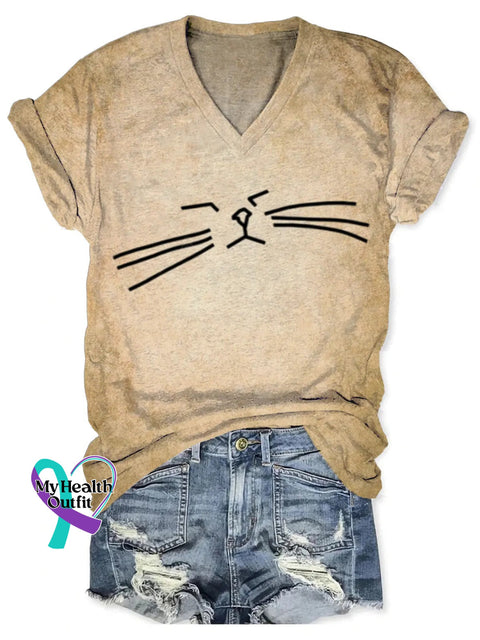 Funny Cat Art Print V-Neck T-Shirt Khaki / S