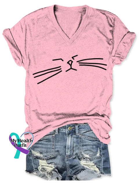 Funny Cat Art Print V-Neck T-Shirt Pink / S
