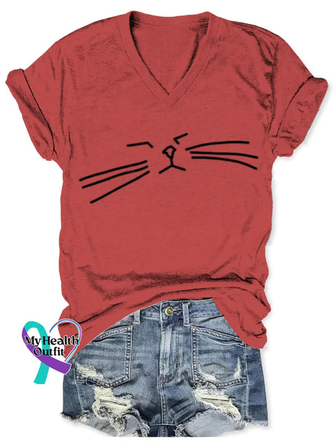 Funny Cat Art Print V-Neck T-Shirt Red / S