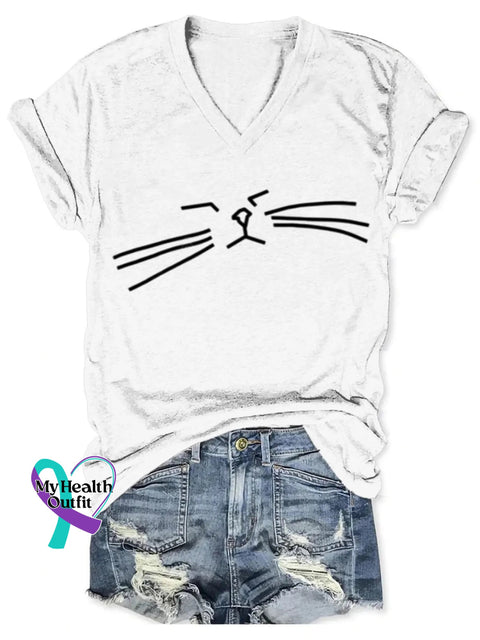 Funny Cat Art Print V-Neck T-Shirt White / S
