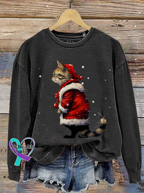 Funny Cat Christmas Print Casual Sweatshirt Black / S