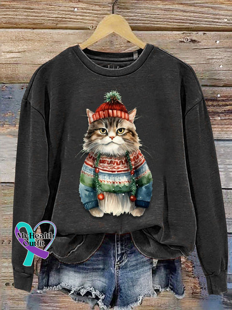 Funny Cat Christmas Print Casual Sweatshirt Black / S