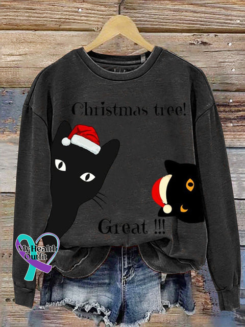 Funny Cat Christmas Print Casual Sweatshirt Black / S