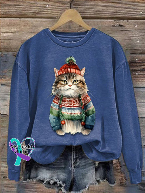 Funny Cat Christmas Print Casual Sweatshirt Blue / S