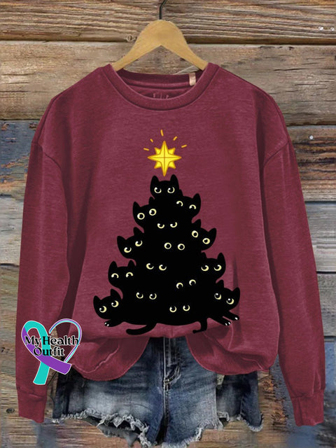 Funny Cat Christmas Print Casual Sweatshirt Claret / S