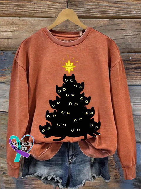 Funny Cat Christmas Print Casual Sweatshirt Pumpkin Color / S
