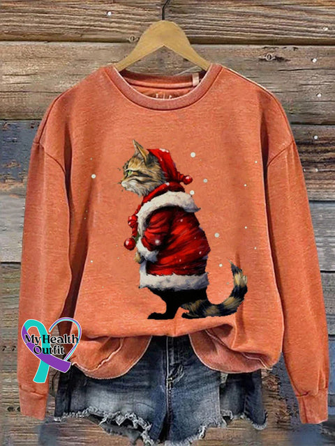 Funny Cat Christmas Print Casual Sweatshirt Pumpkincolor / S