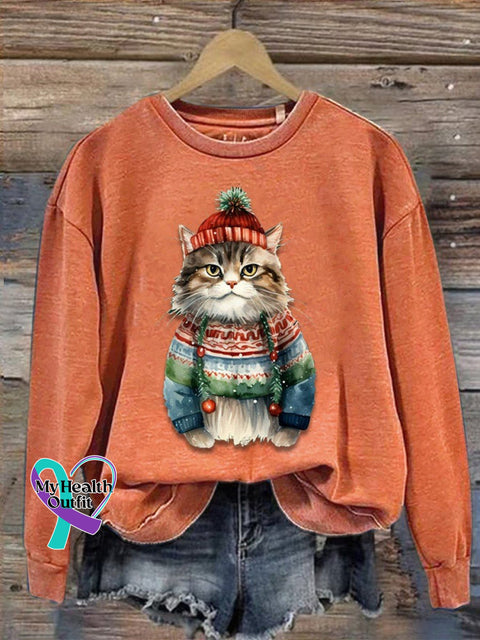 Funny Cat Christmas Print Casual Sweatshirt Pumpkincolor / S
