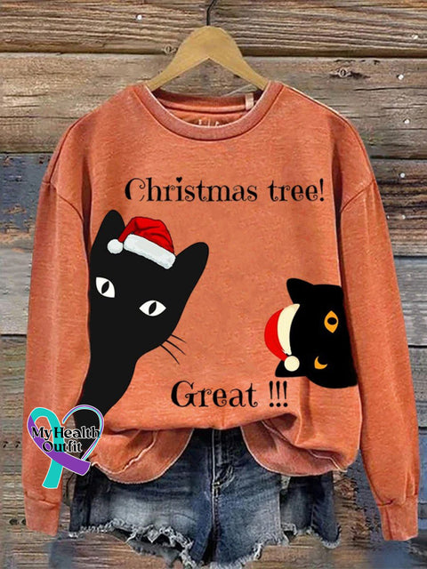 Funny Cat Christmas Print Casual Sweatshirt Pumpkincolor / S