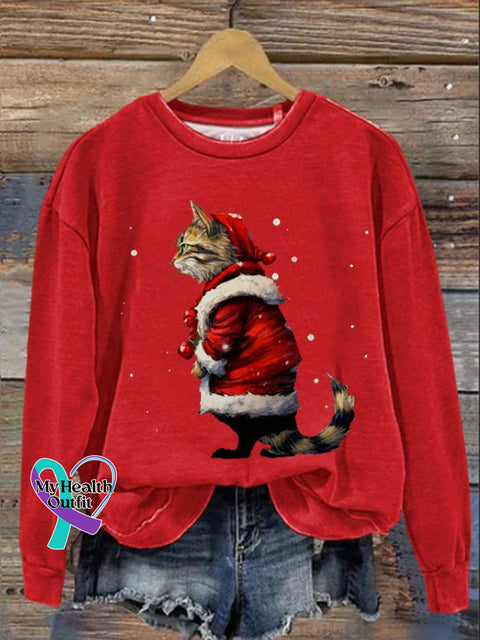 Funny Cat Christmas Print Casual Sweatshirt Red / S