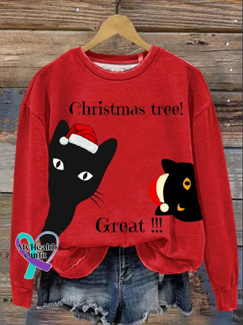 Funny Cat Christmas Print Casual Sweatshirt Red / S