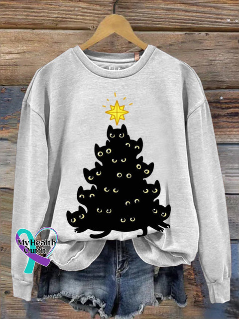 Funny Cat Christmas Print Casual Sweatshirt White / S