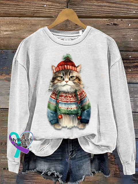 Funny Cat Christmas Print Casual Sweatshirt White / S