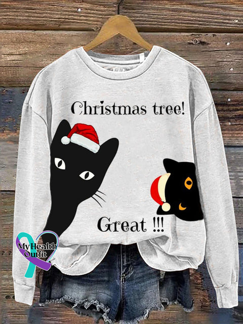Funny Cat Christmas Print Casual Sweatshirt White / S