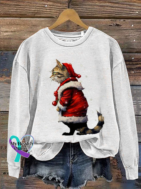 Funny Cat Christmas Print Casual Sweatshirt White / S