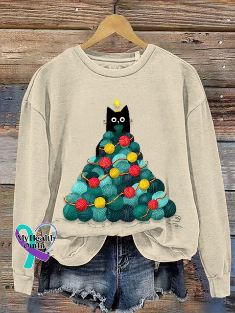 Funny Cat Christmas Tree Print Casual Sweatshirt Apricot / S