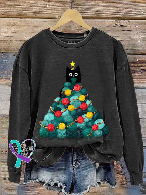 Funny Cat Christmas Tree Print Casual Sweatshirt Black / S