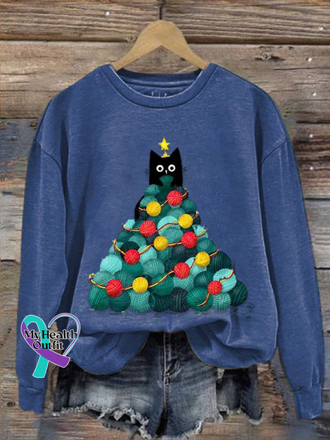 Funny Cat Christmas Tree Print Casual Sweatshirt Blue / S