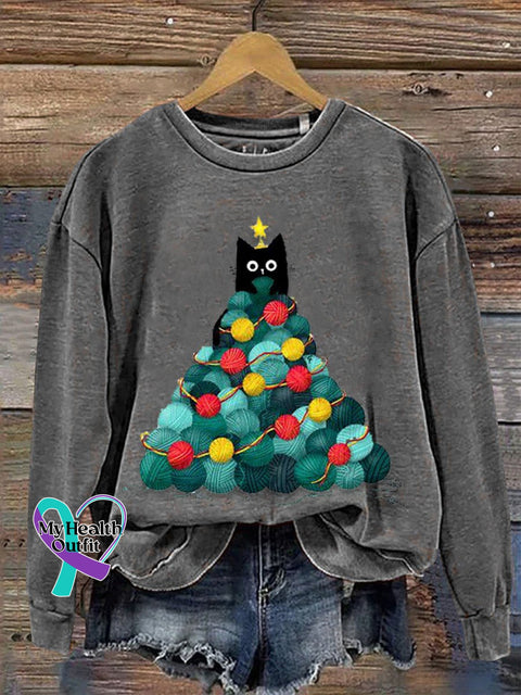 Funny Cat Christmas Tree Print Casual Sweatshirt Grey / S