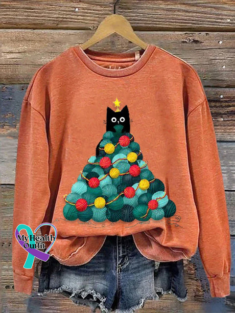 Funny Cat Christmas Tree Print Casual Sweatshirt Pumpkincolor / S