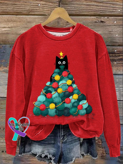 Funny Cat Christmas Tree Print Casual Sweatshirt Red / S