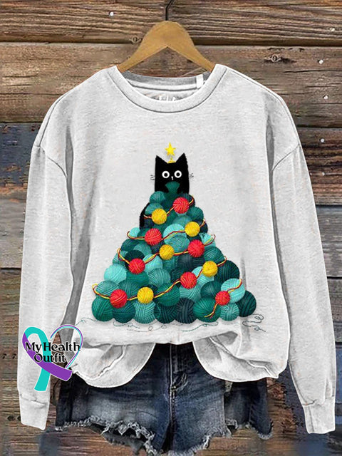 Funny Cat Christmas Tree Print Casual Sweatshirt White / S