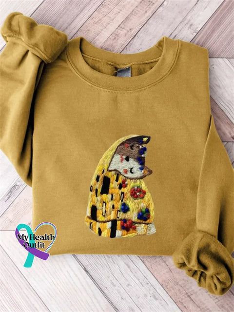 Funny Cat Pattern Art Print Casual Cotton Sweatshirt Yellow / S