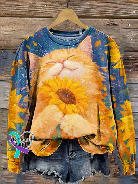 Funny Cat Sunflowers Pattern Art Print Casual Cotton Sweatshirt Multicolor / S