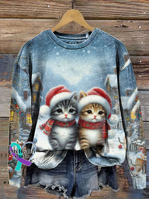 Funny Cats Christmas Print Casual Sweatshirt Multicolor / S