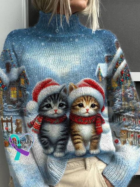 Funny Cats Christmas Print Knit Turtleneck Pullover Sweater Multicolor / S