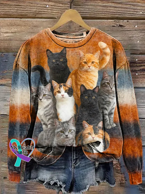 Funny Cats Pattern Art Print Casual Cotton Sweatshirt Multicolor / S