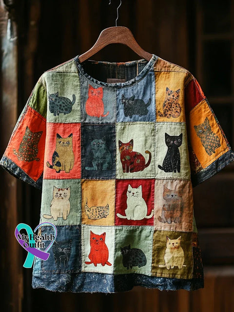 Funny Cats Pattern Art Print Casual Cotton T-shirt Multicolor / S