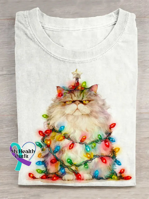 Funny Christmas Cat Art Print Casual Cotton T-shirt White / S