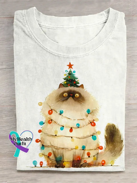 Funny Christmas Cat Art Print Casual Cotton T-shirt White / S