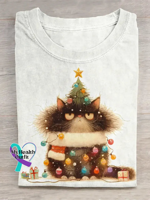 Funny Christmas Cat Art Print Casual Cotton T-shirt White / S