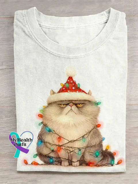 Funny Christmas Cat Art Print Casual Cotton T-shirt White / S