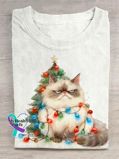 Funny Christmas Cat Art Print Casual Cotton T-shirt White / S