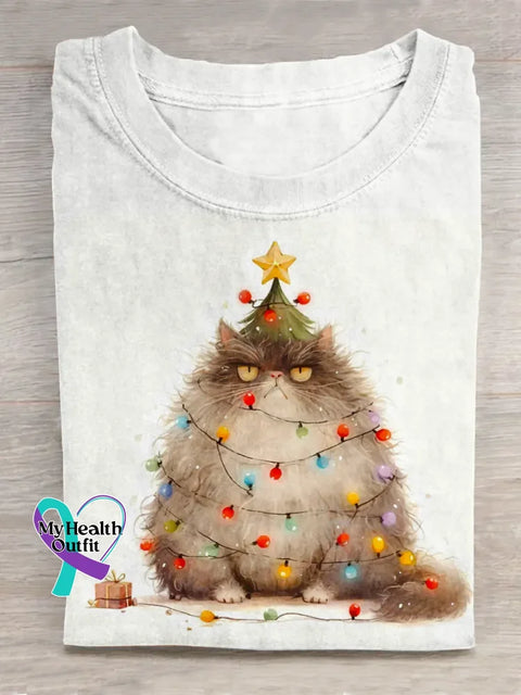Funny Christmas Cat Art Print Casual Cotton T-shirt White / S