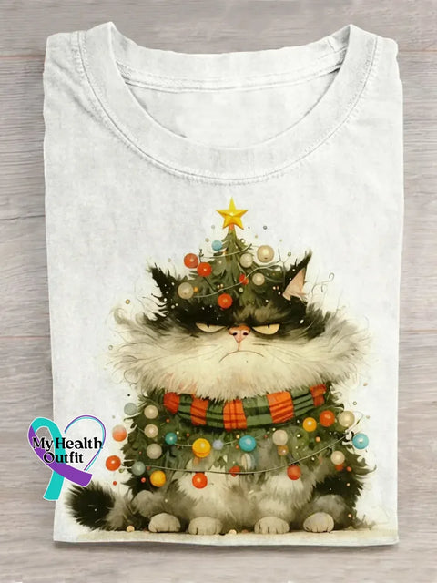 Funny Christmas Cat Art Print Casual Cotton T-shirt White / S
