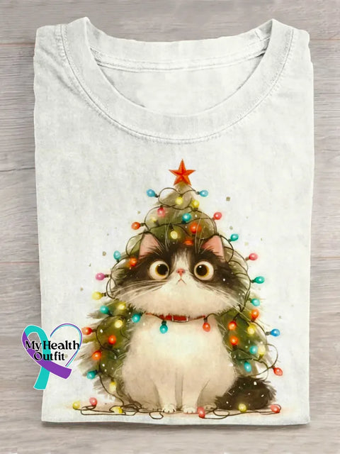 Funny Christmas Cat Art Print Casual Cotton T-shirt White / S