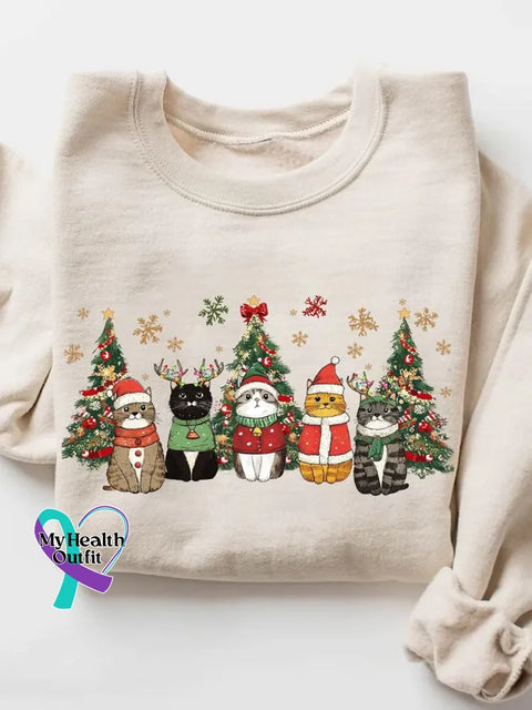 Funny Christmas Cats Pattern Art Print Casual Cotton Sweatshirt Apricot / S