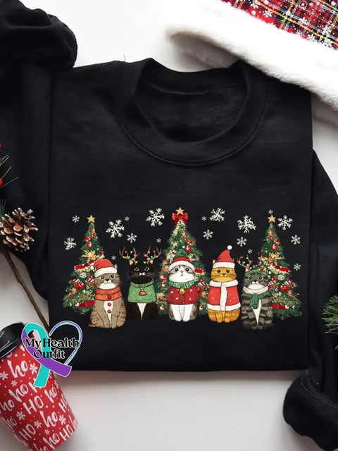 Funny Christmas Cats Pattern Art Print Casual Cotton Sweatshirt Black / S