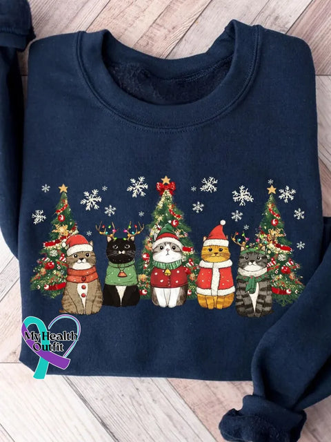 Funny Christmas Cats Pattern Art Print Casual Cotton Sweatshirt Blue / S