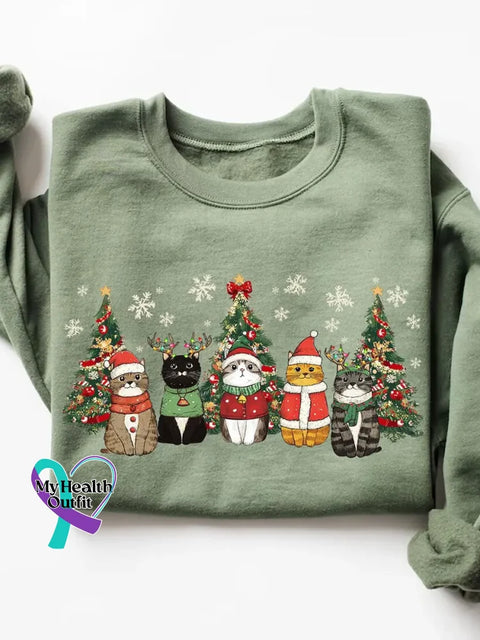 Funny Christmas Cats Pattern Art Print Casual Cotton Sweatshirt Green / S