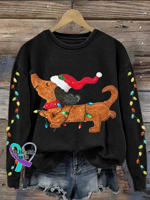 Funny Christmas Dog Pattern Art Print Casual Cotton Sweatshirt Black / S