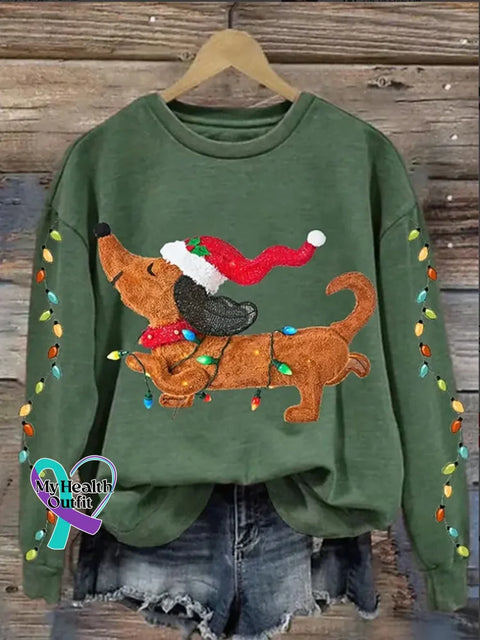 Funny Christmas Dog Pattern Art Print Casual Cotton Sweatshirt Green / S