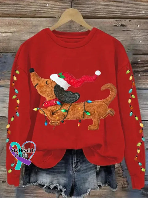 Funny Christmas Dog Pattern Art Print Casual Cotton Sweatshirt Red / S