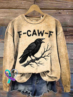 Funny Crow Art Vintage Print Casual Sweatshirt Khaki / S