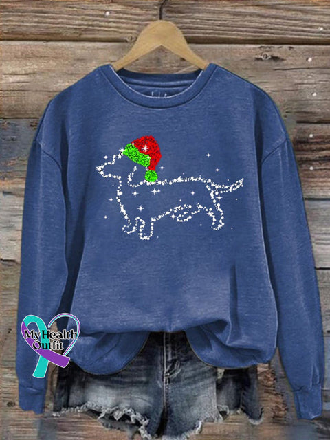 Funny Dachshund Christmas Print Casual Sweatshirt Blue / S