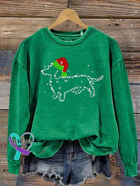 Funny Dachshund Christmas Print Casual Sweatshirt Green / S